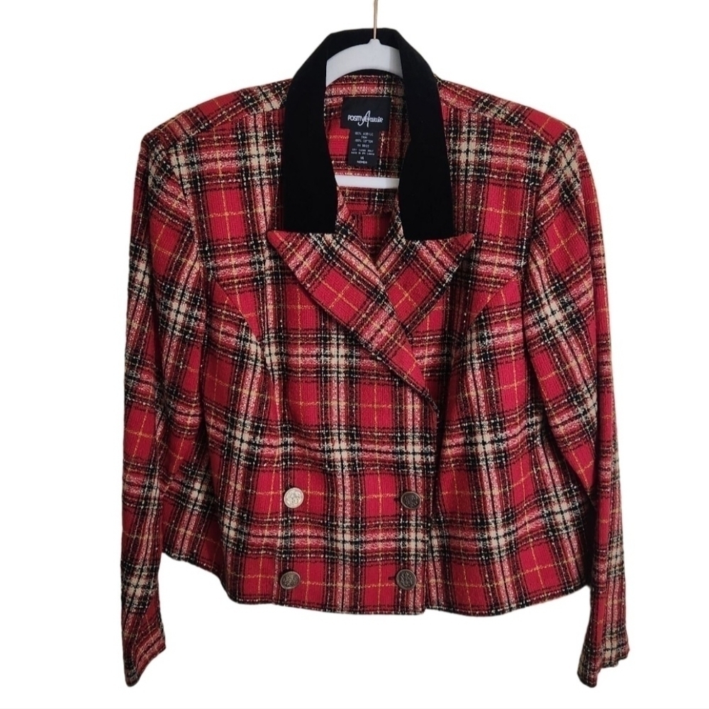 Vintage 90s Red Tan Plaid Double Breasted Blazer Academia Preppy Size 14